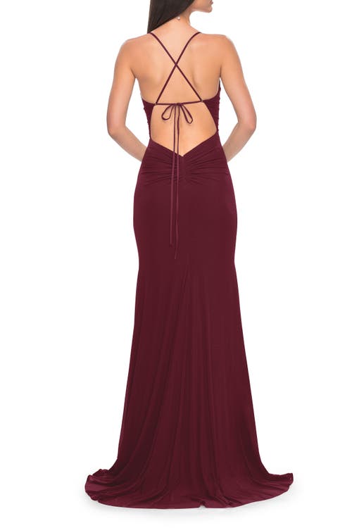 La Femme Net Jersey Ruched Prom Dress With Illusion Bodice In Dark Berry