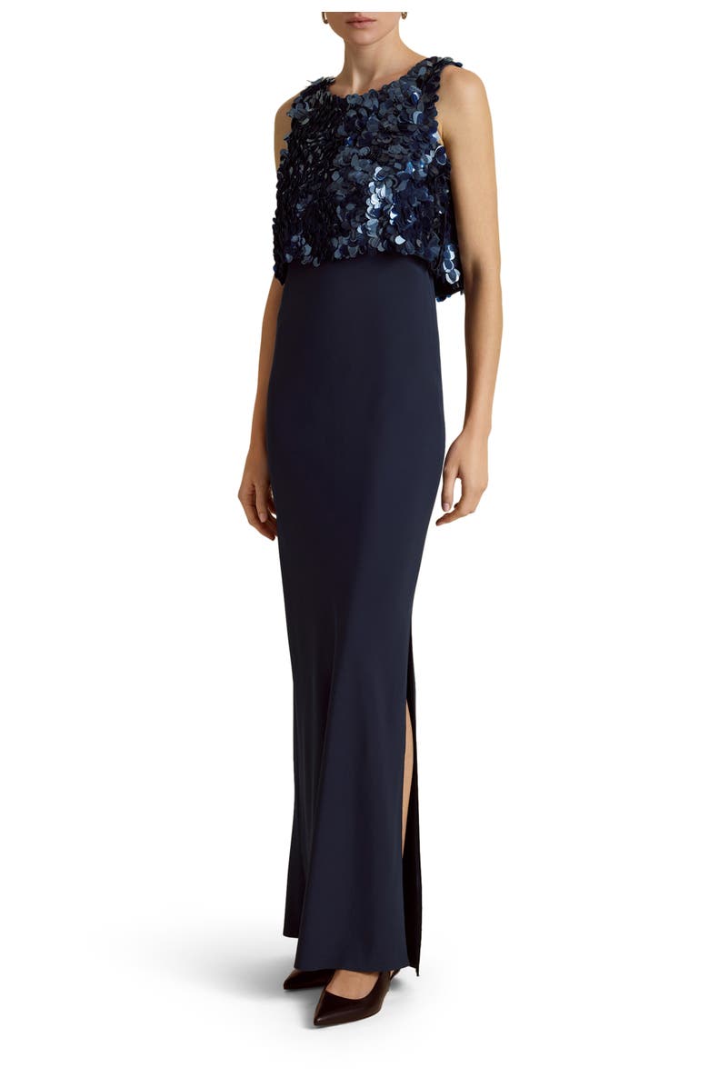 Marina Moscone Bias Dress w/ Paillette Bodice, Alternate, color, Navy