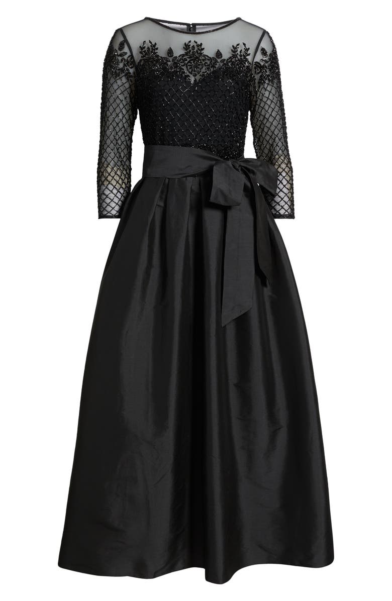 Pisarro Nights Illusion Neck Beaded A-Line Taffeta Gown, Alternate, color, Black