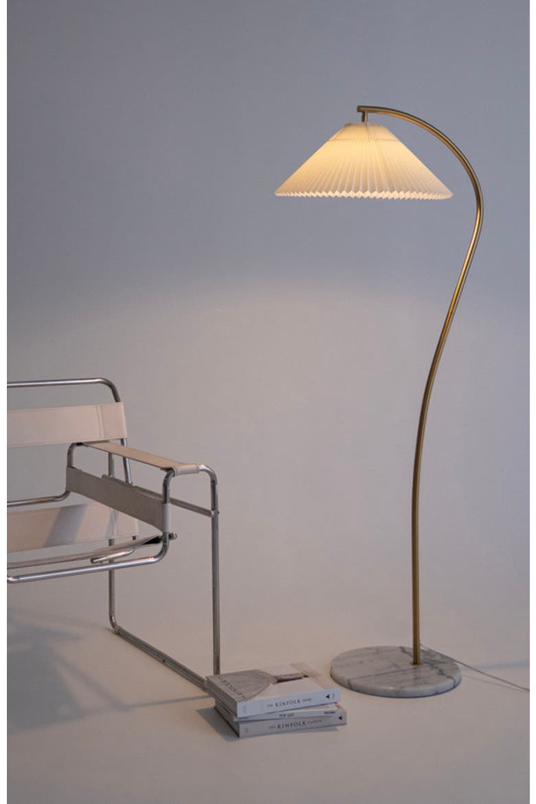 Athena 62" Gold LED Floor Lamp with Marble Base and Pleated Fabric Shade, Bulb Included, Alternate, color, Antique brass