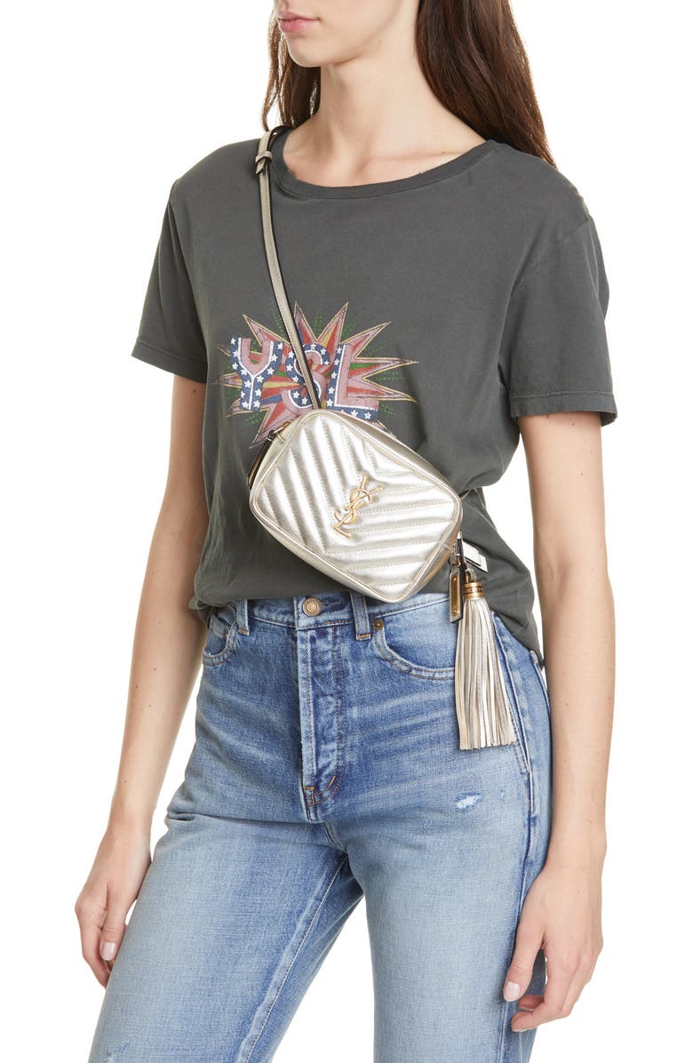 Saint Laurent Lou Lou Metallic Calfskin Leather Belt Bag with Tassel, Alternate, color,