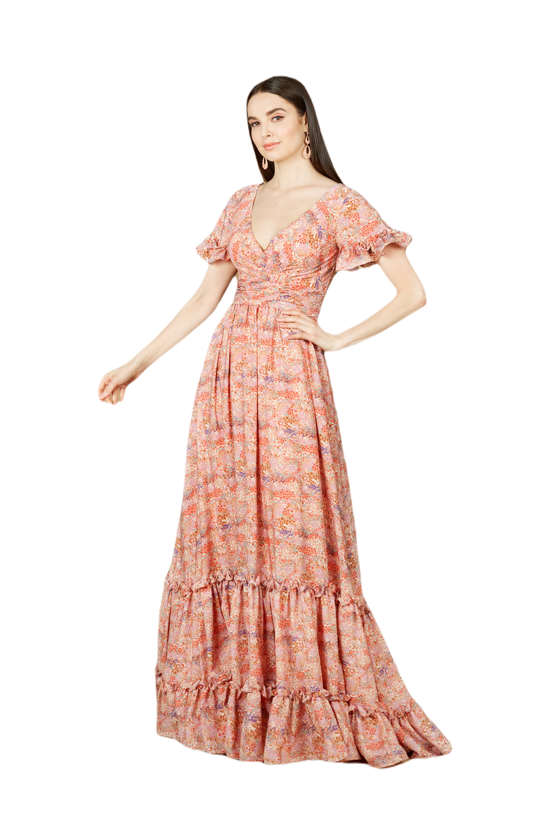 LARA New York Long Print Gown with Cap Sleeves, Main, color, Pink