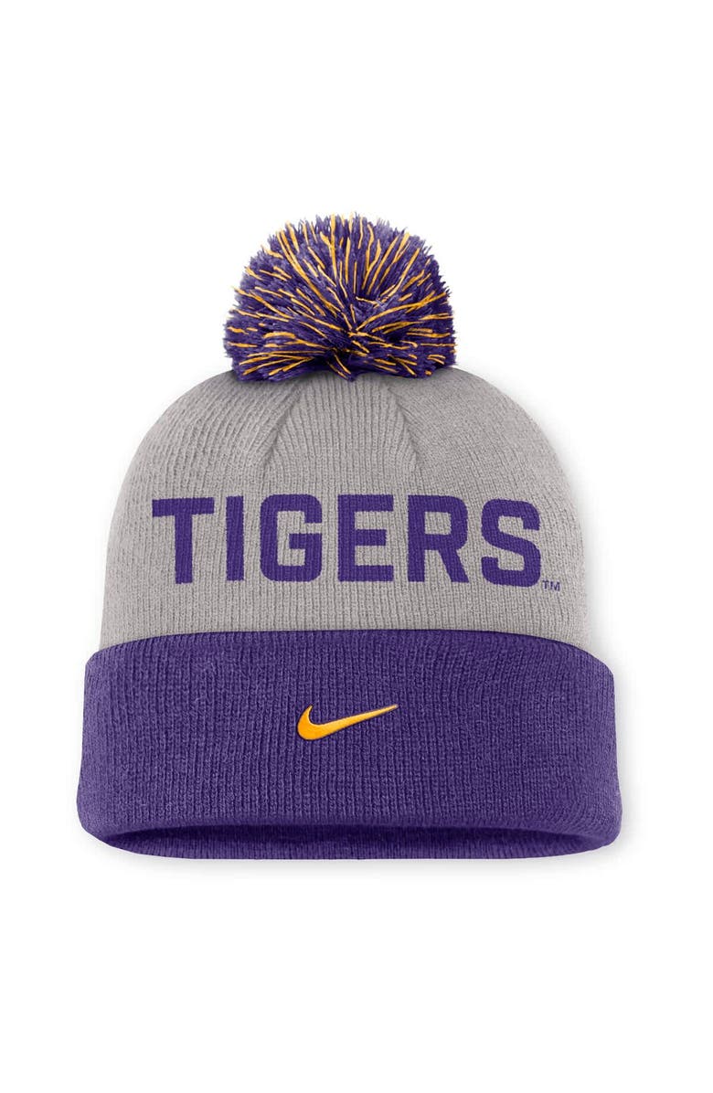 Nike Men's Nike Gray/Purple LSU Tigers Primetime Peak Cuffed Knit Hat with Pom, Alternate, color, Gray