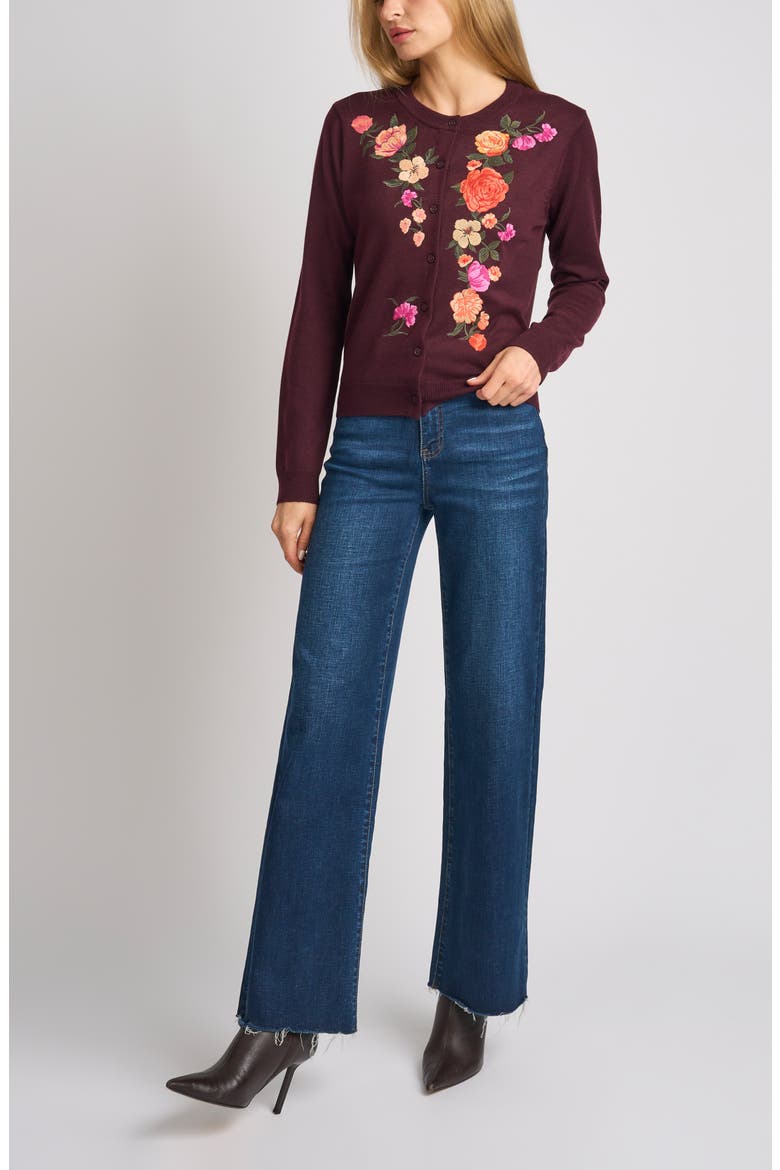 Elain Flowers Embroidered Cardigan, Alternate, color, BURGUNDY GRAPE