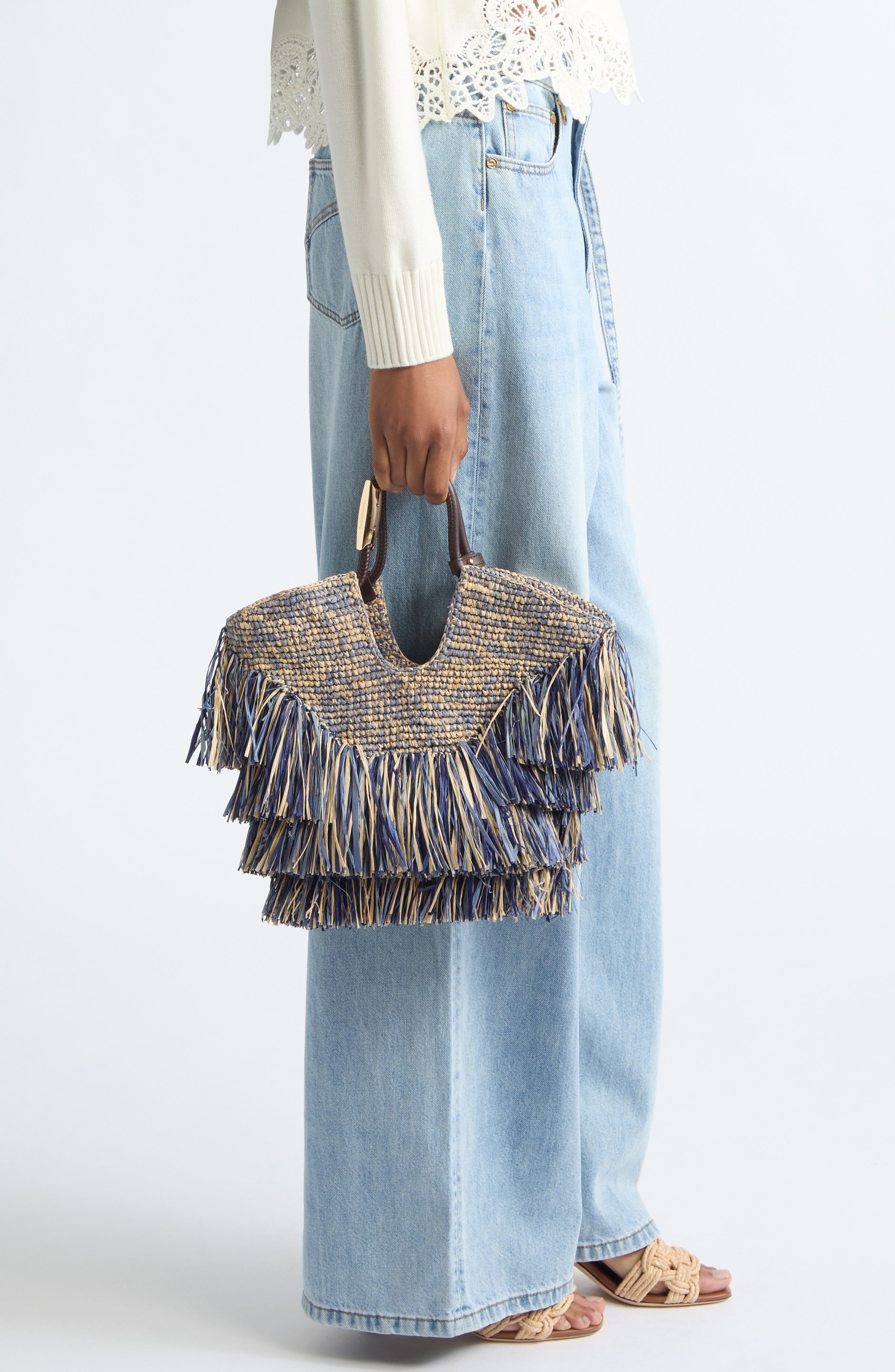 Small Goldentime Fringe Raffia Tote Bag, Alternate, color, DENIM BLUE