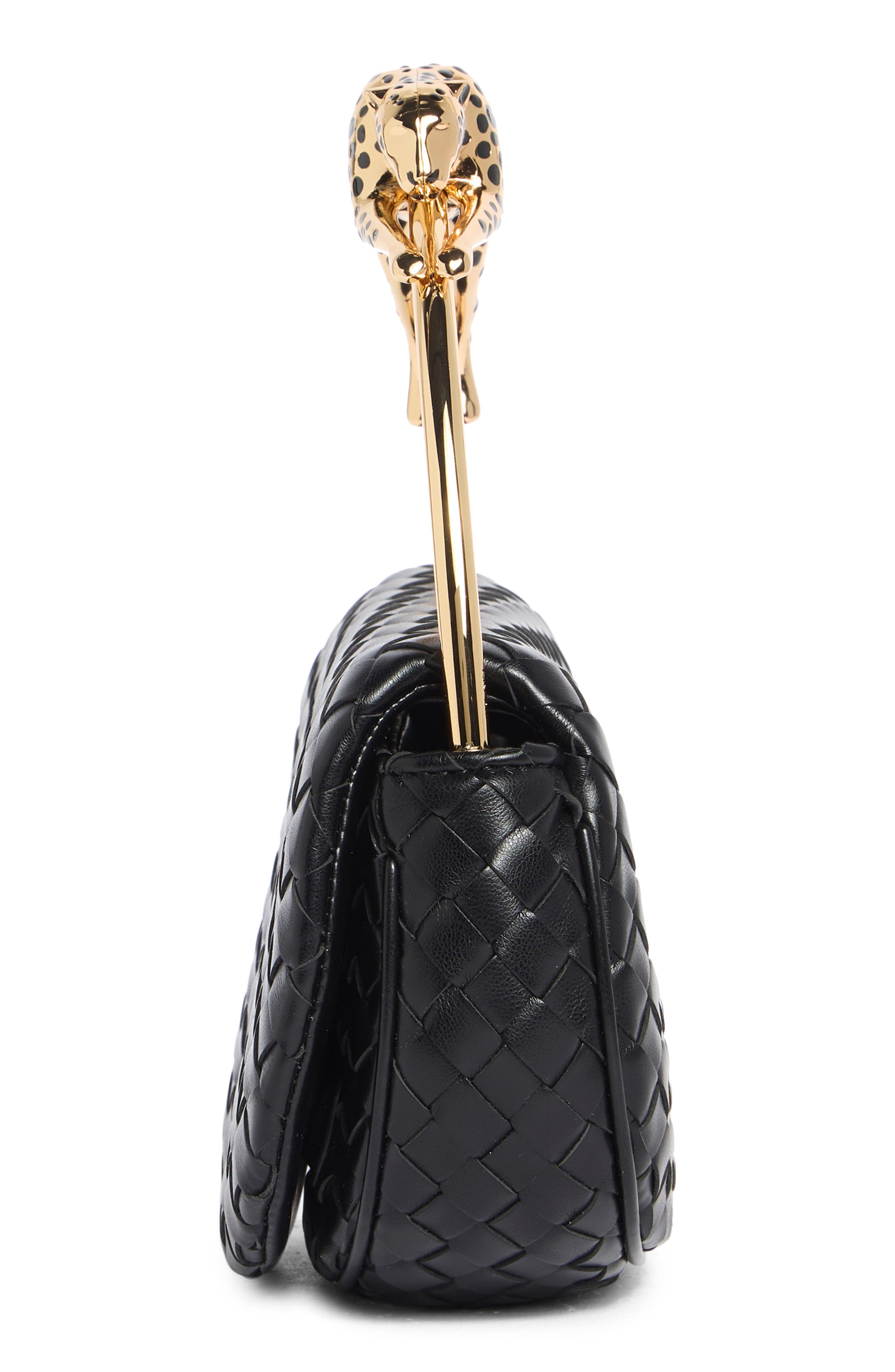 Ione Leopard Shaped Hardware Woven Clutch, Alternate, color, BLACK