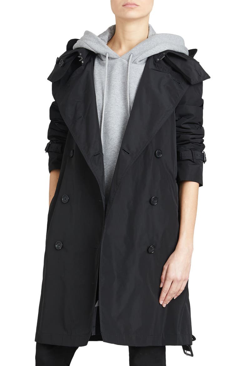 Amberford Taffeta Trench Coat with Detachable Hood, Alternate, color, BLACK
