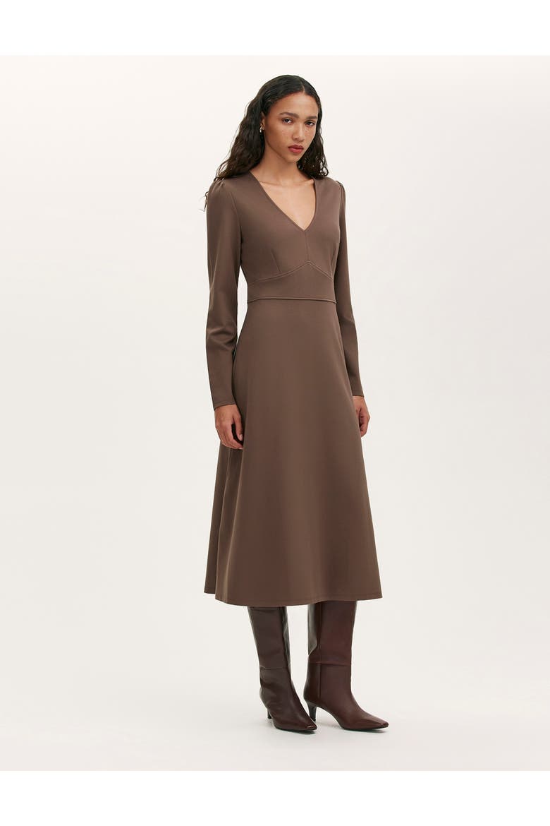 Seraphina Ponte Jersey V Neck Midi Dress, Main, color, Mole