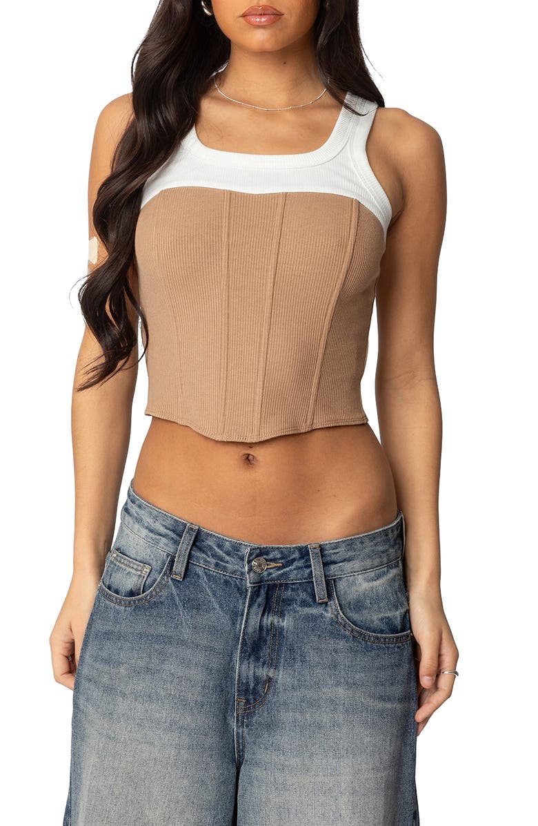 EDIKTED Ila Layered Crop Corset Tank, Main, color, White-And-Camel