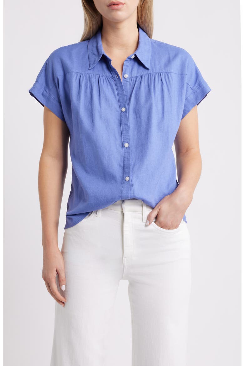 Short Sleeve Linen Blend Button-Up Shirt, Main, color, BLUE DENIM