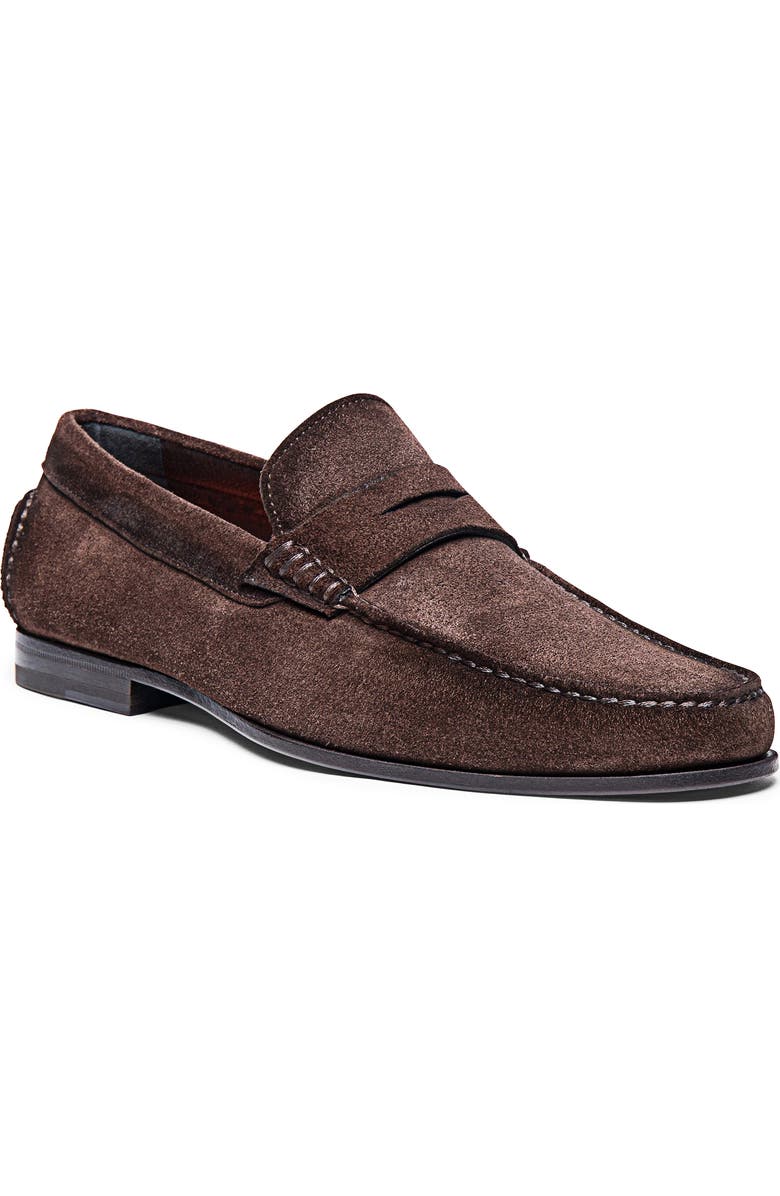 Santoni Suede Penny Loafer, Main, color, Dark Brown