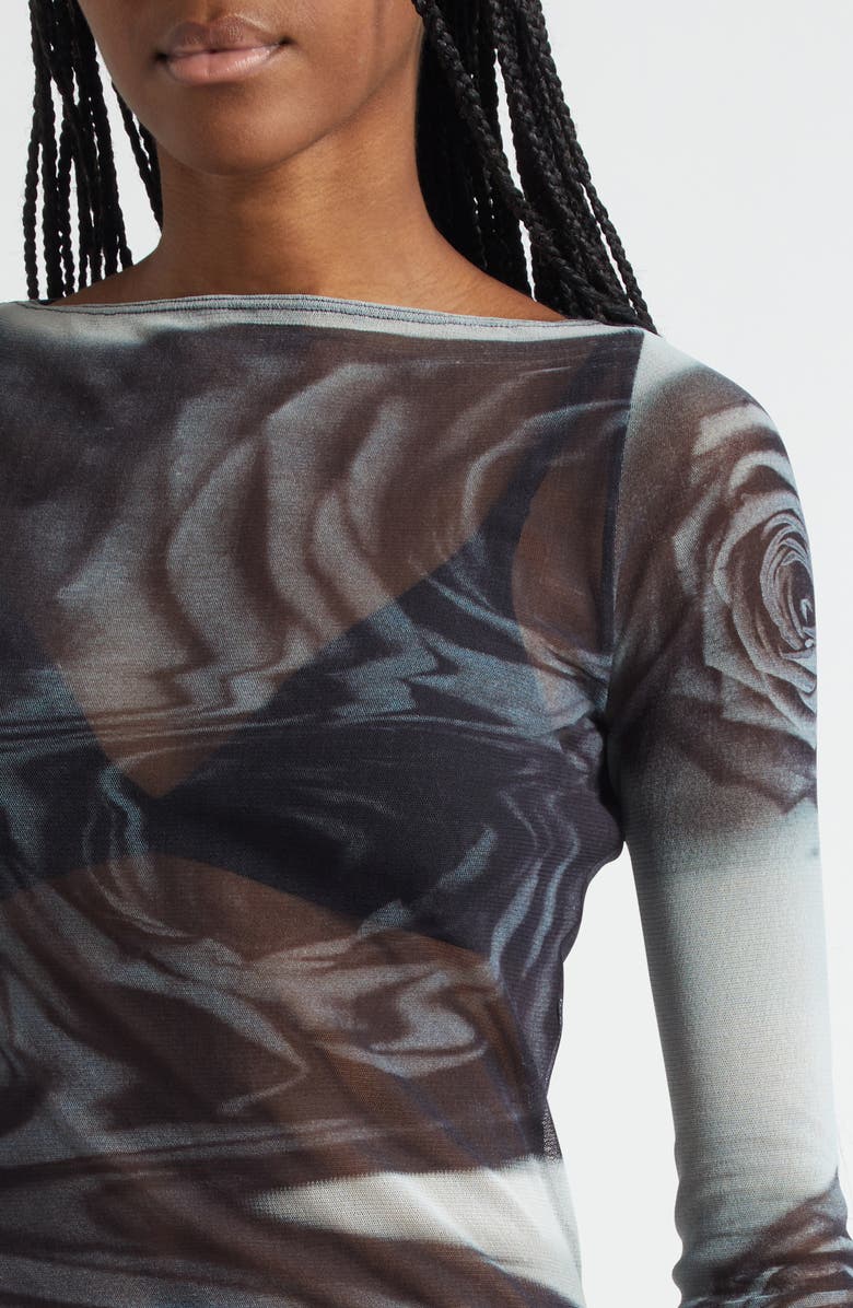 Jean Paul Gaultier Rose Sheer Long Sleeve Mesh Top, Alternate, color, White/ Grey/ Black