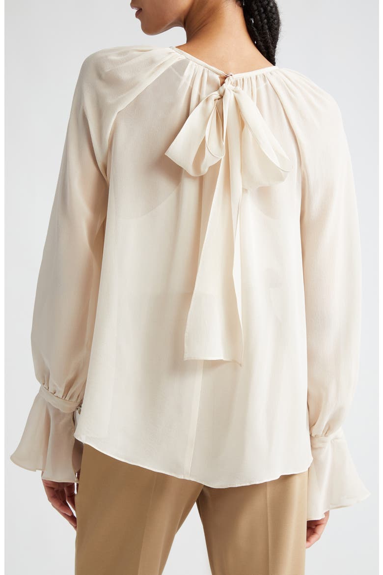 Yelina Semisheer Bell Sleeve Bow Back Silk Georgette Top, Alternate, color, BEIGE