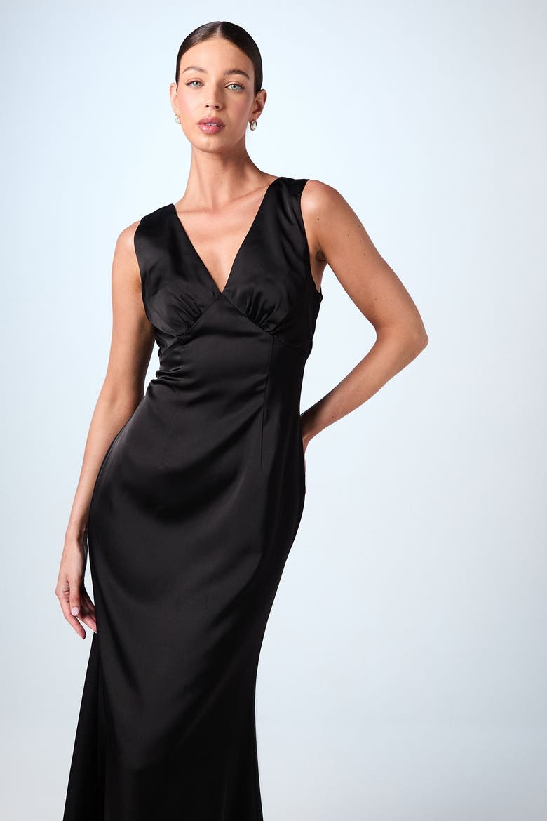 Bow Back V-Neck Satin Bridesmaid Dress, Alternate, color, Black