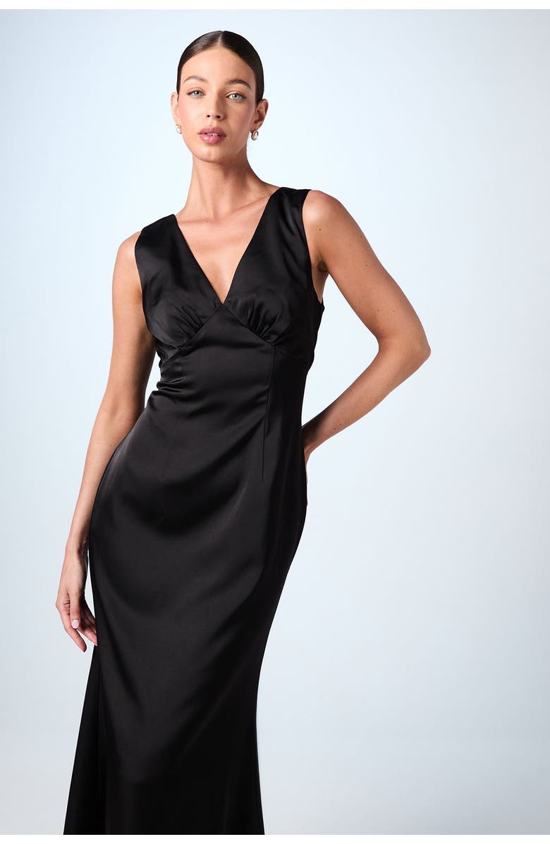 Coast Bow Back V-Neck Satin Bridesmaid Dress, Alternate, color, Black