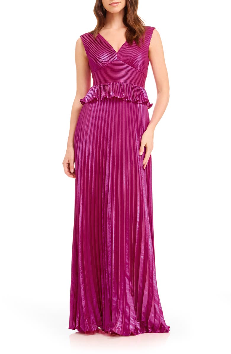 Dress the Population Liliana Metallic Pleated Gown, Main, color, Fuchsia