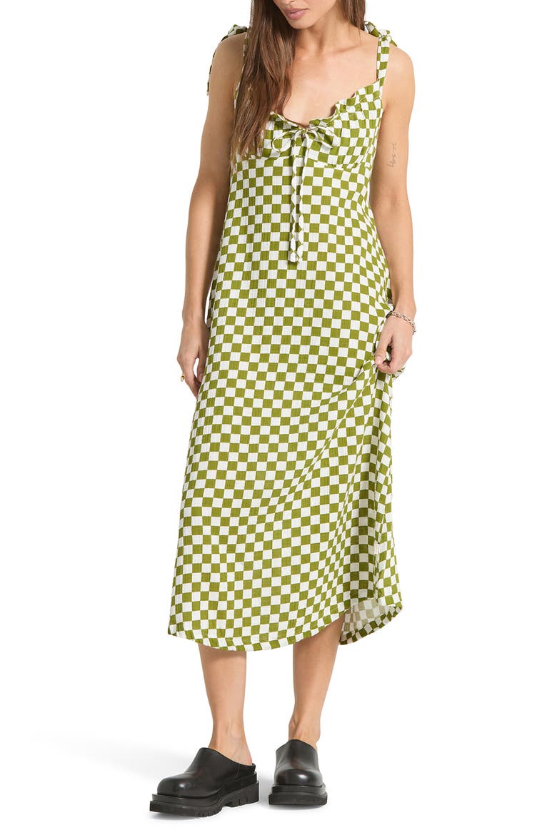 The Tie Strap Sleeveless Midi Dress, Main, color, SUBLIME GREEN CHECKERBOARD