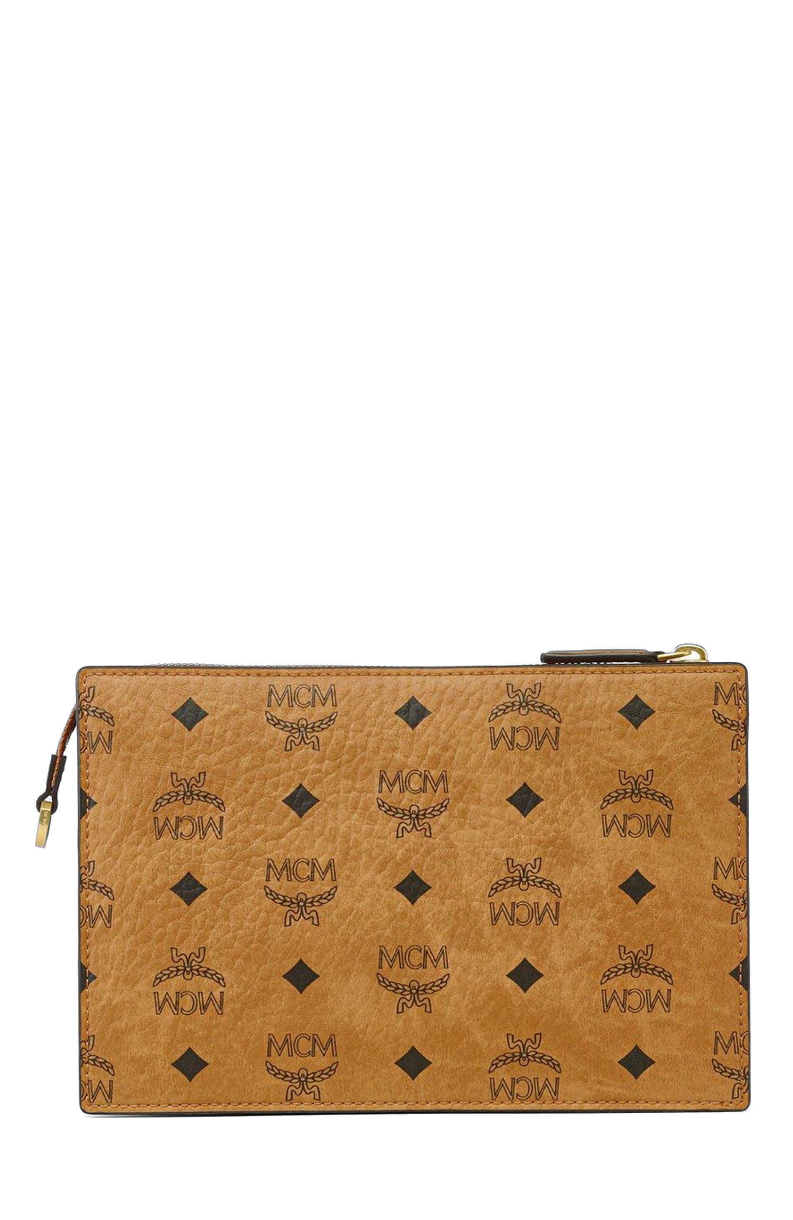 MCM Aren Standing Crossbody Pouch in Visetos, Alternate, color, Brown