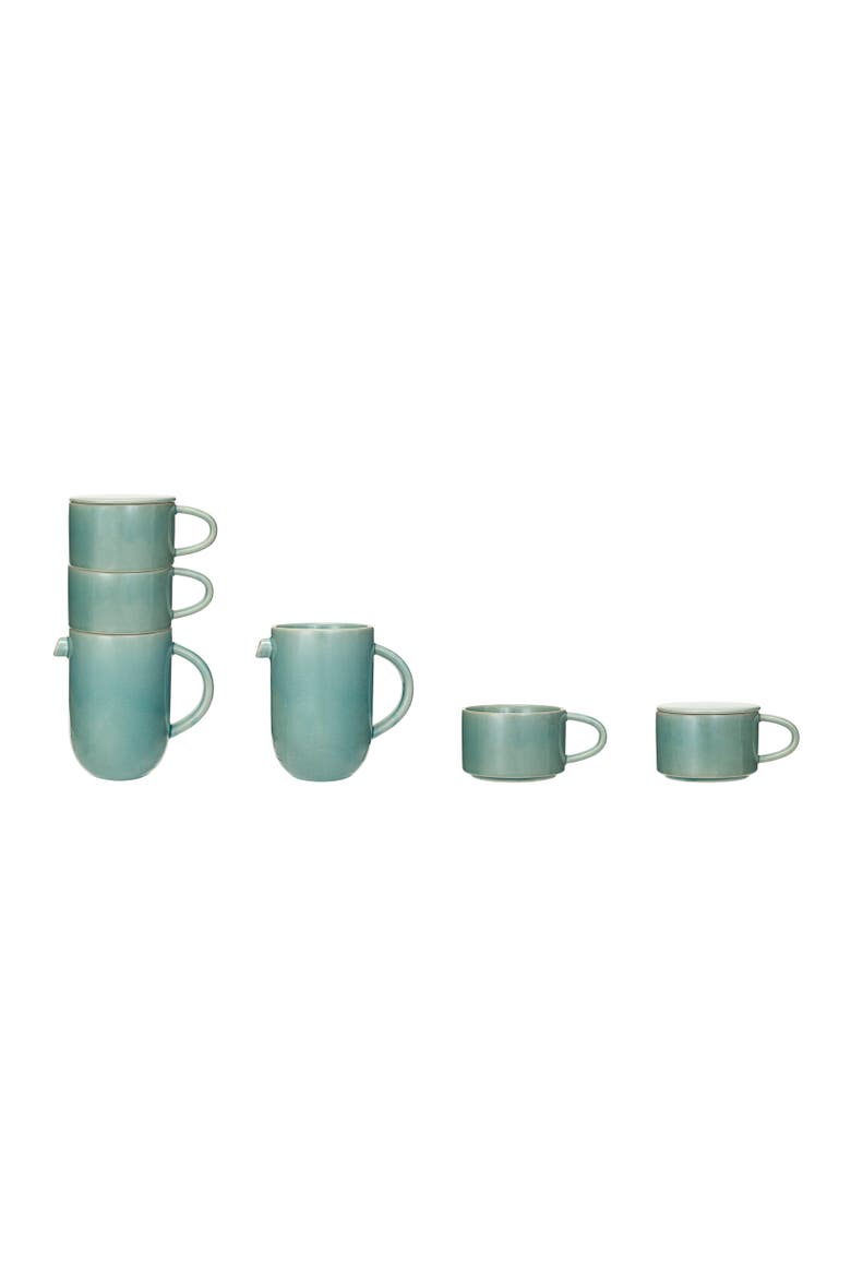 Round Stoneware Pitcher with Stackable Mugs and Lid, Aqua, Main, color, Blue