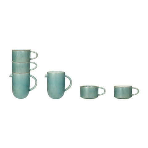 Round Stoneware Pitcher with Stackable Mugs and Lid, Aqua