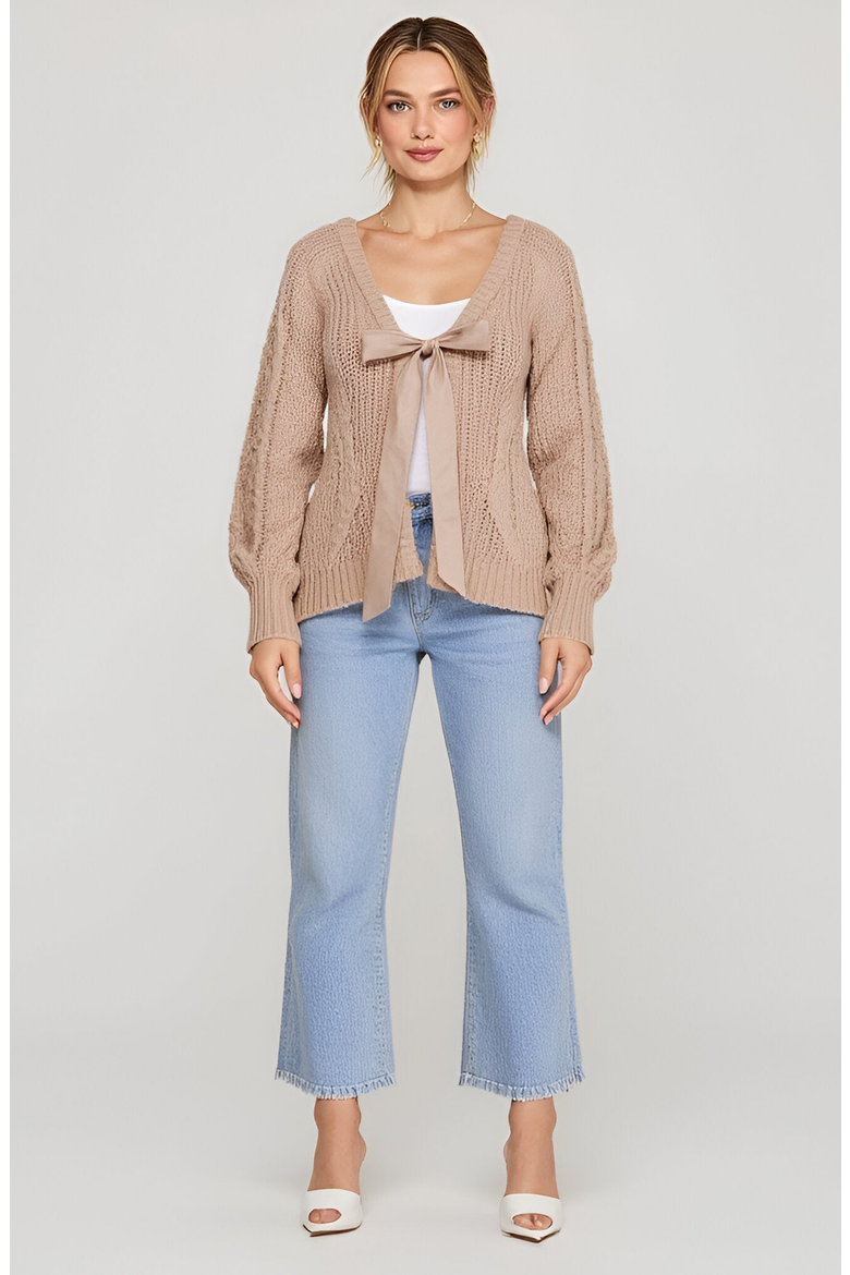 Cable Knit Cardigan with Tie-Front Detail, Alternate, color, Beige