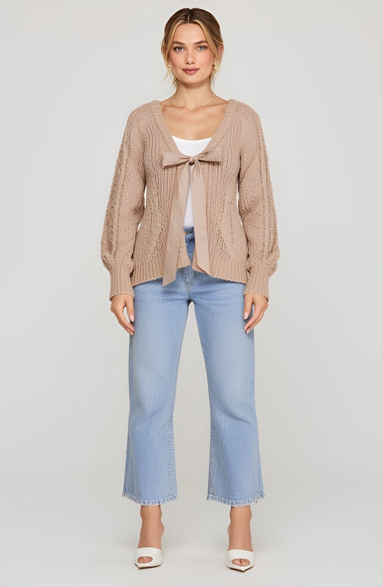 Modenaire Cable Knit Cardigan with Tie-Front Detail, Alternate, color, 