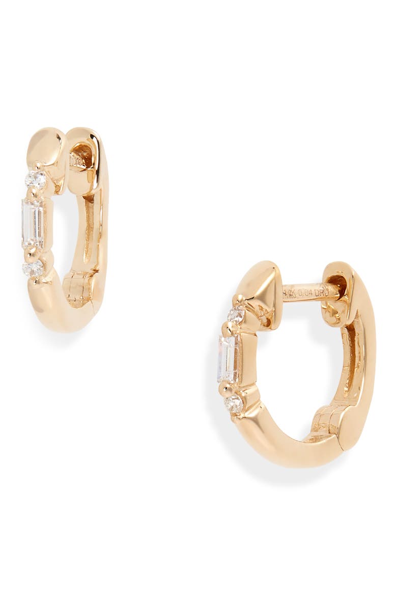 Sadie Pearl Mini Baguette Diamond Huggie Hoop Earrings, Main, color, YELLOW GOLD