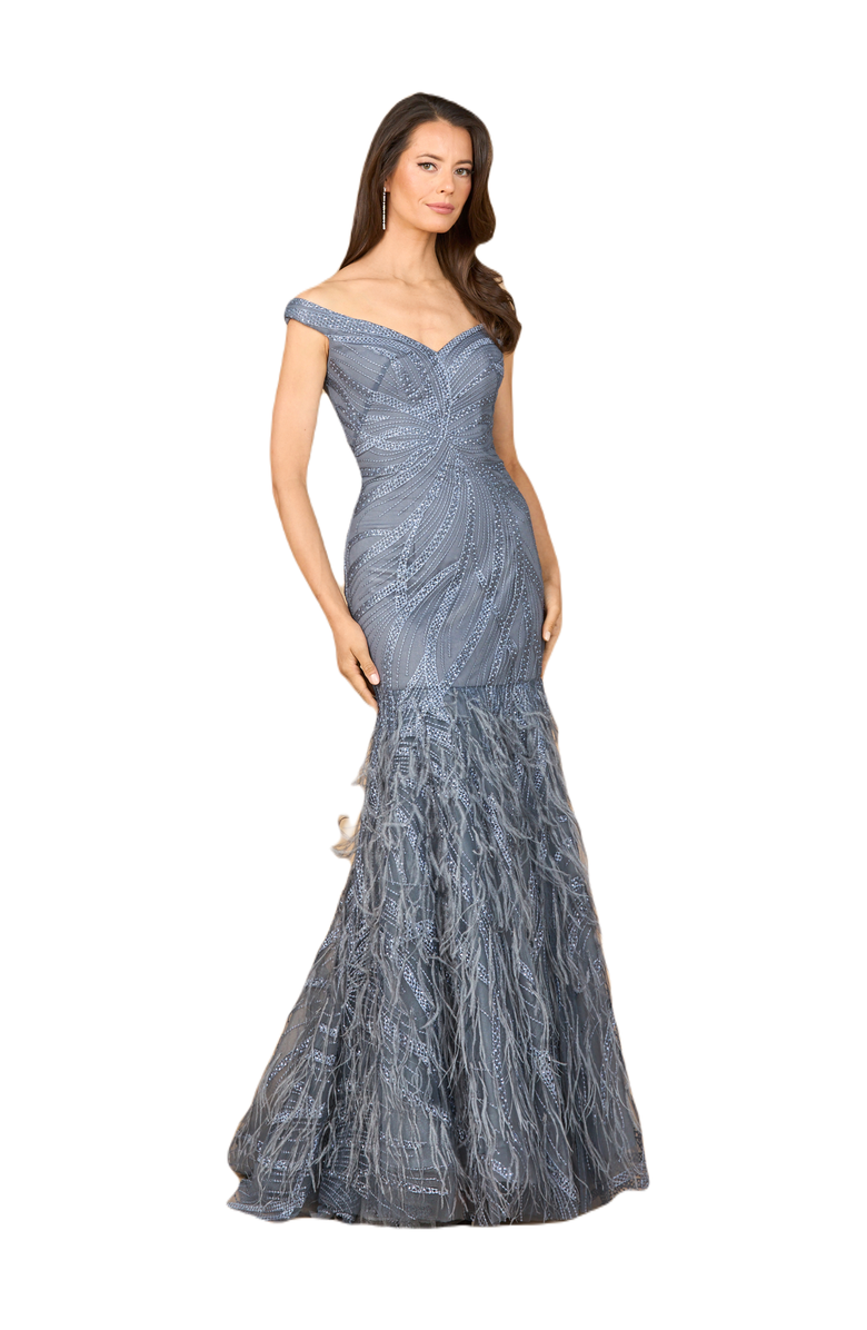 LARA New York Off Shoulder Mermaid Beaded Gown with Feathers, Main, color, Slate