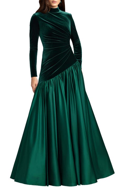 Velvet Long Sleeve Mock Neck Charmeuse Skirt Gown