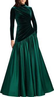 Mac Duggal Velvet Long Sleeve Mock Neck Charmeuse Skirt Gown