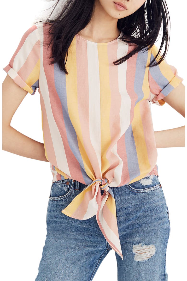 Sherbet Stripe Button Back Tie Tee, Main, color, ANTIQUE CORAL