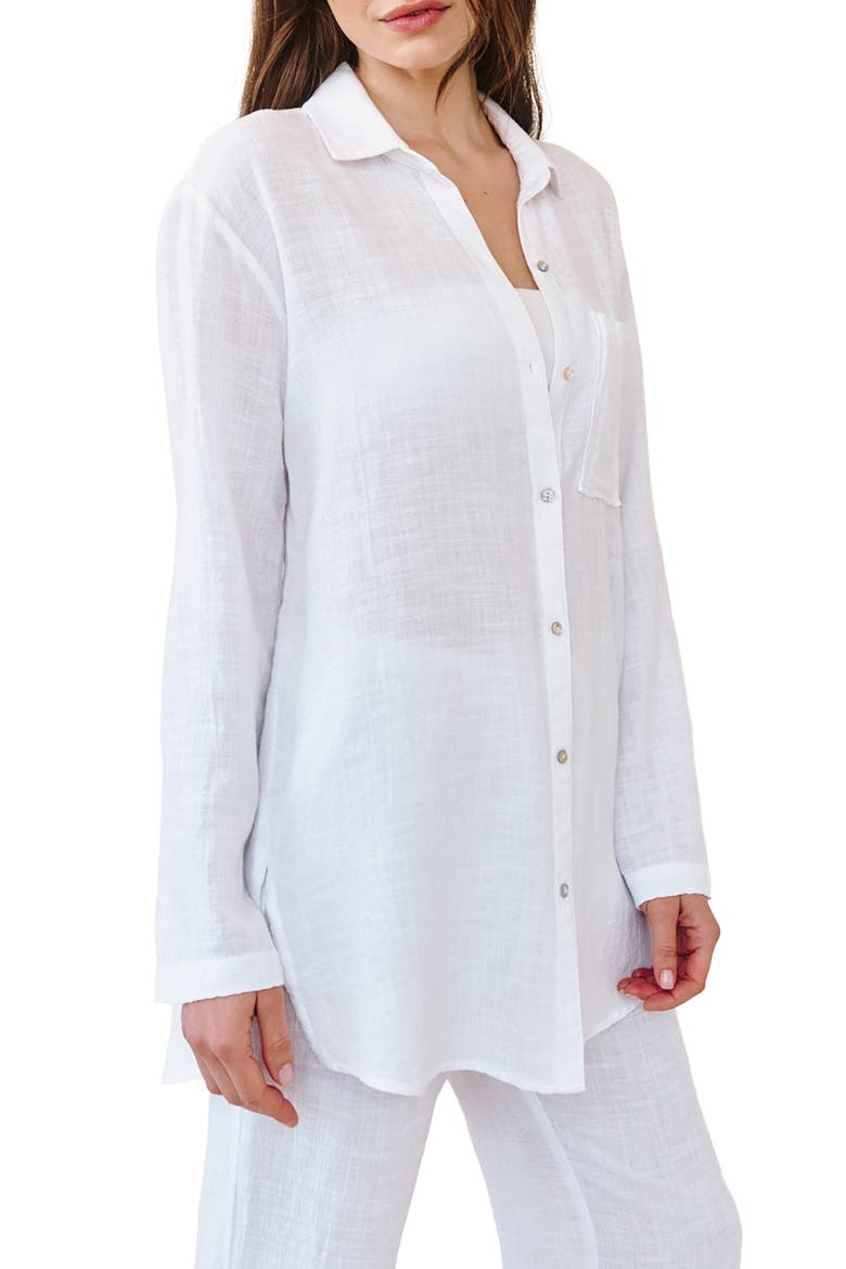 Relaxed Fit Semisheer Cotton Blend Button-Up Tunic, Alternate, color, WHITE