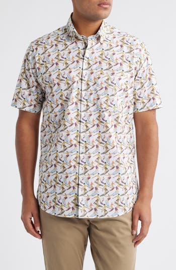Scott Barber Surf Print Short Sleeve Button-up Shirt In White