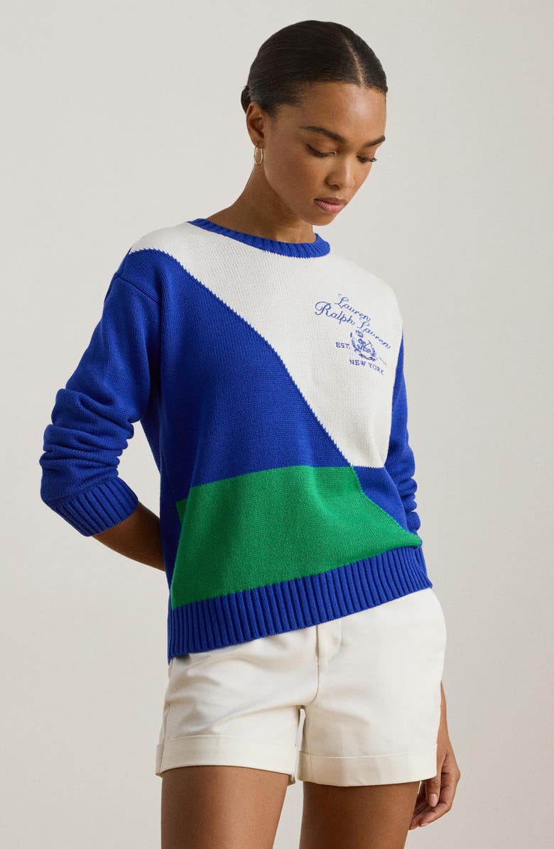Lauren Ralph Lauren Colorblock Embroidered Sweater, Alternate, color, Cruise Royal Blue/ Multi
