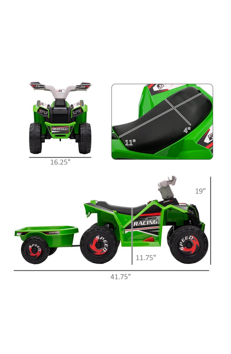 Aosom 6V Kids ATV Quad with Back Trailer, Forward/Backward Function, Alternate, color, Green