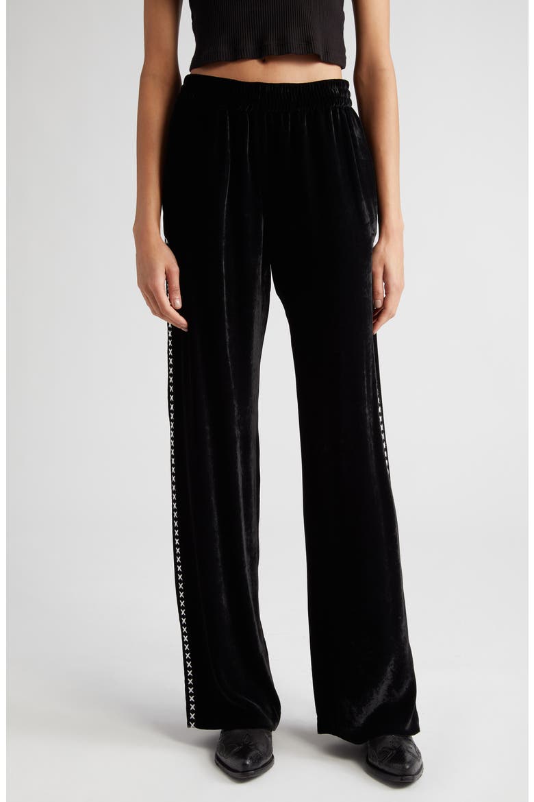 Journey Embroidered Side Stripe Velvet Track Pants, Main, color, BLACK