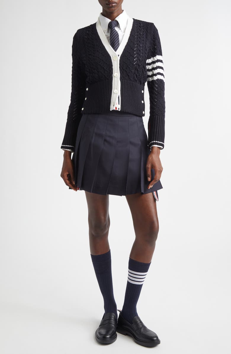 Thom Browne 4-Bar Pointelle Cable Virgin Wool Cardigan, Alternate, color, Navy