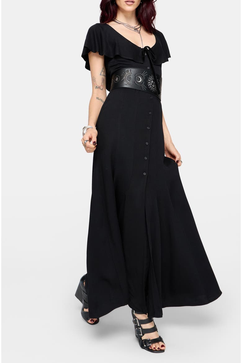 Aren Ruffle Tie Front Maxi Dress, Alternate, color, Black