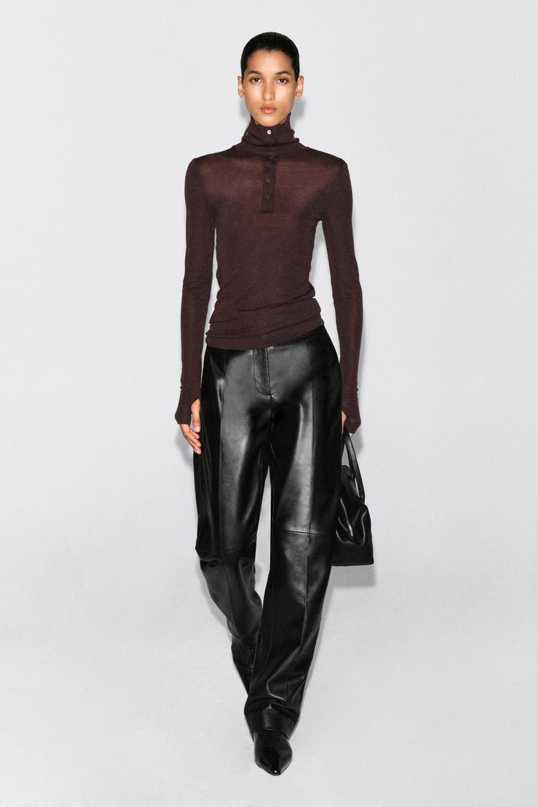 Merino Wool Buttoned Mock-Neck Top, Alternate, color, BURGUNDY