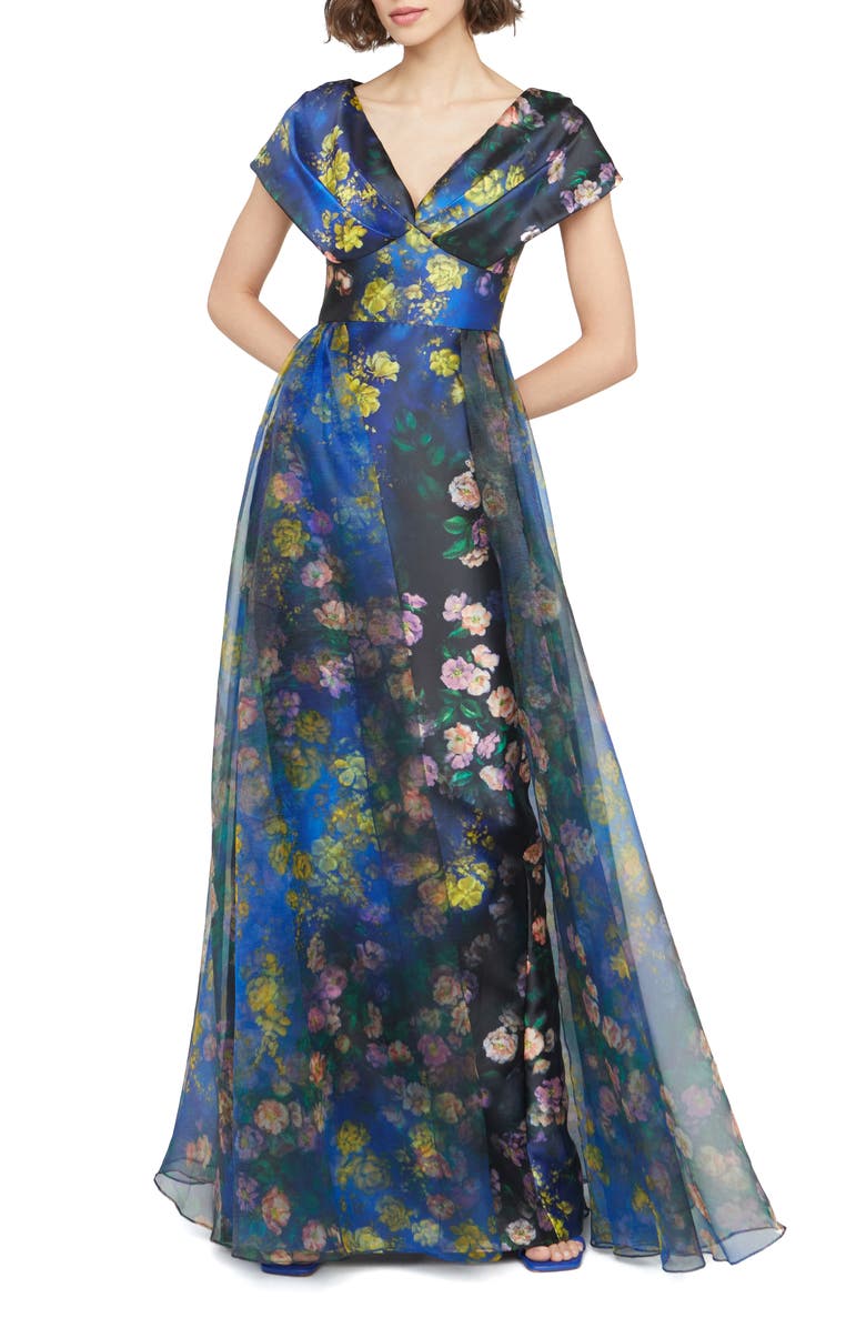 Theia Nadia Floral Print Drape Gown, Main, color, 