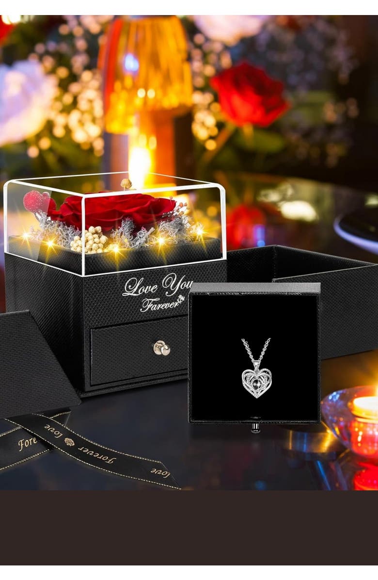 Lovery Preserved Red Rose with LED Lights & Double Heart Necklace - "I Love You" in 100 Languages, Alternate, color, Black, Red