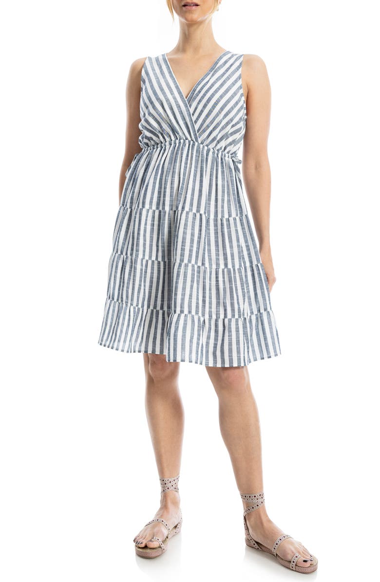 MAX STUDIO Yarn Dyed Stripe Tiered Dress, Main, color, Natural/ Indigo