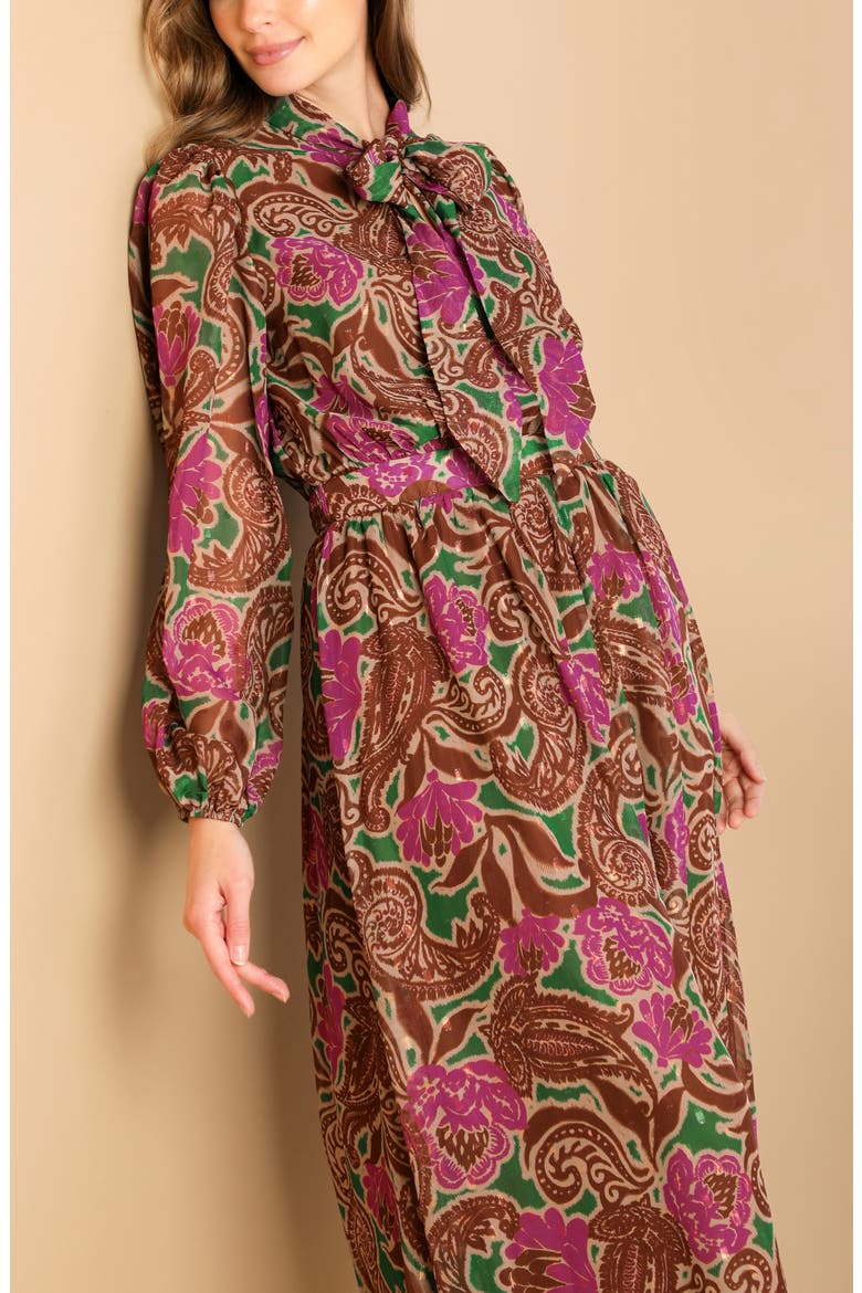 Print Long Sleeve Midi Dress, Alternate, color, BROWN GREEN