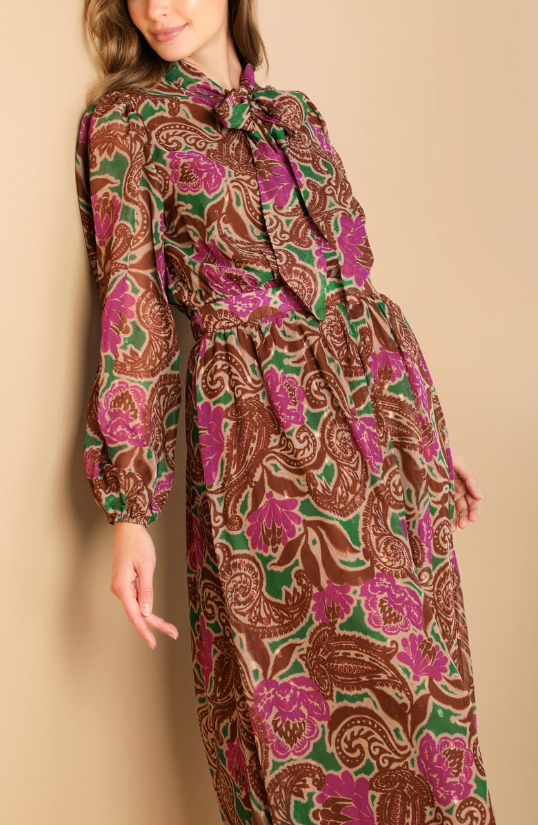 FLYING TOMATO Print Long Sleeve Midi Dress, Alternate, color, Brown Green