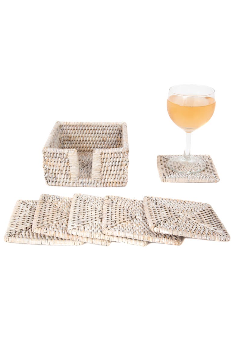 Rattan Square Coaster Set - 7 Piece, Alternate, color, White Wash