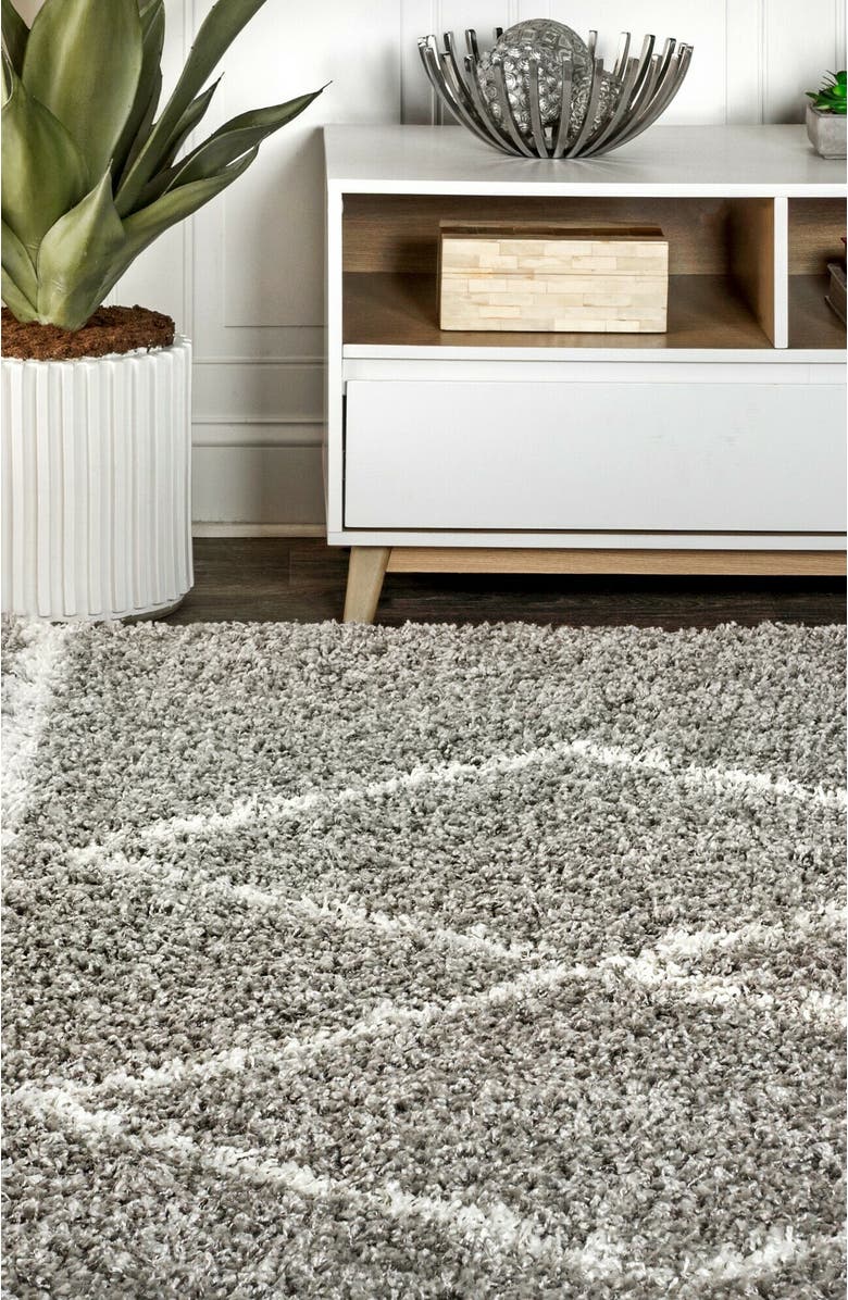 JONATHAN Y Mercer Shag Plush Tassel Moroccan Geometric Trellis Denim Area Rug, Alternate, color, Gray/Cream