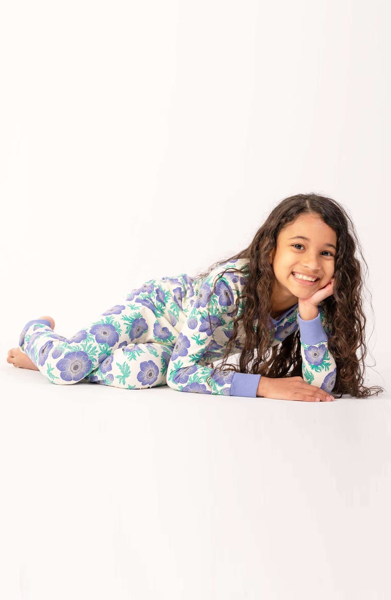 Mightly 100% Organic Cotton Print Long Sleeve Snug Fit Kids Pajamas, Alternate, color, Purple Poppy