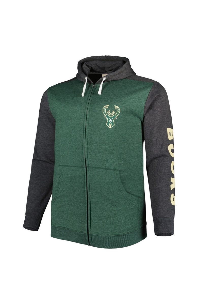 FANATICS Men's Fanatics Branded Heathered Hunter Green/Heathered Black Milwaukee Bucks Big & Tall Down and Distance Full-Zip Hoodie, Alternate, color, Hunter Green