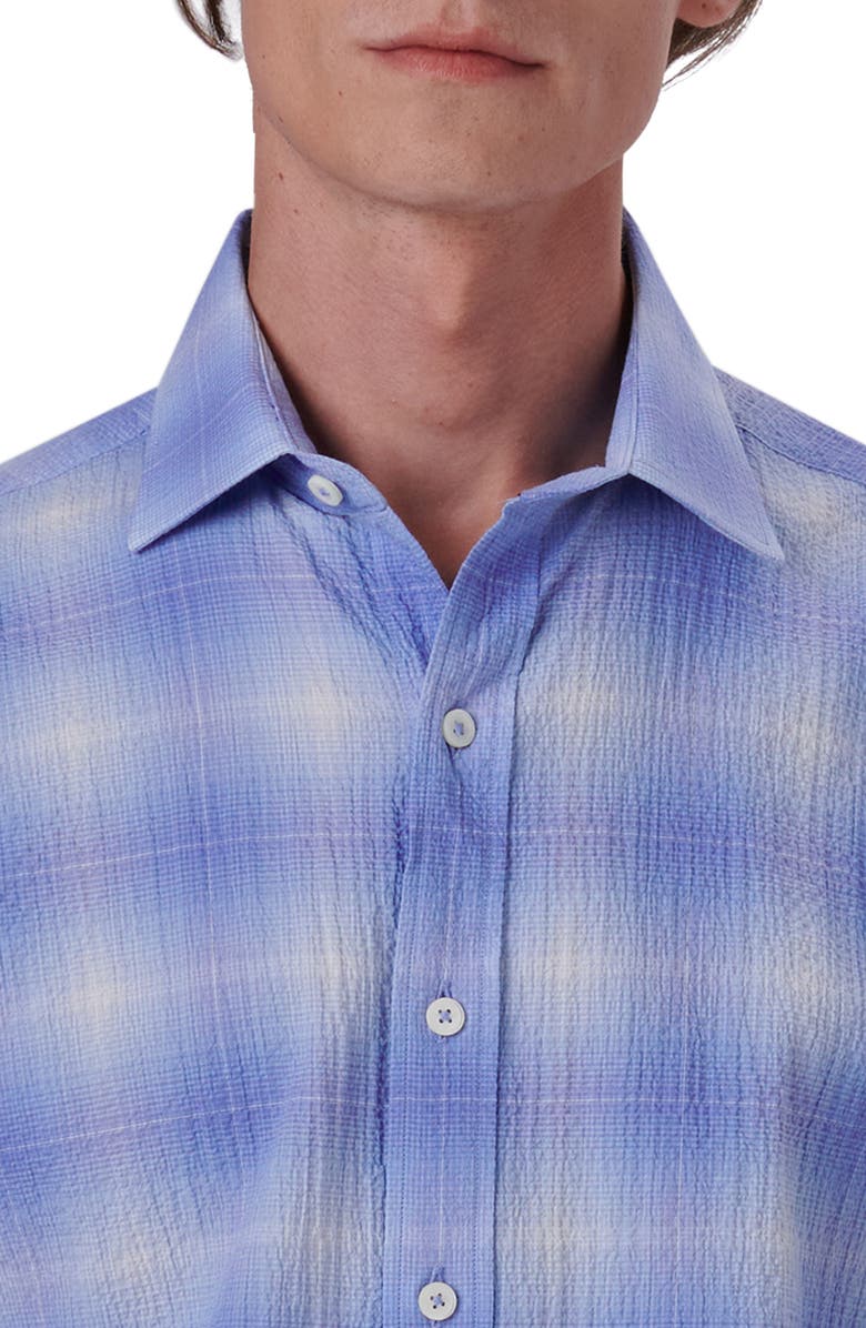 Bugatchi Ombré Check Short Sleeve Cotton Seersucker Button-Up Shirt, Alternate, color, Azure
