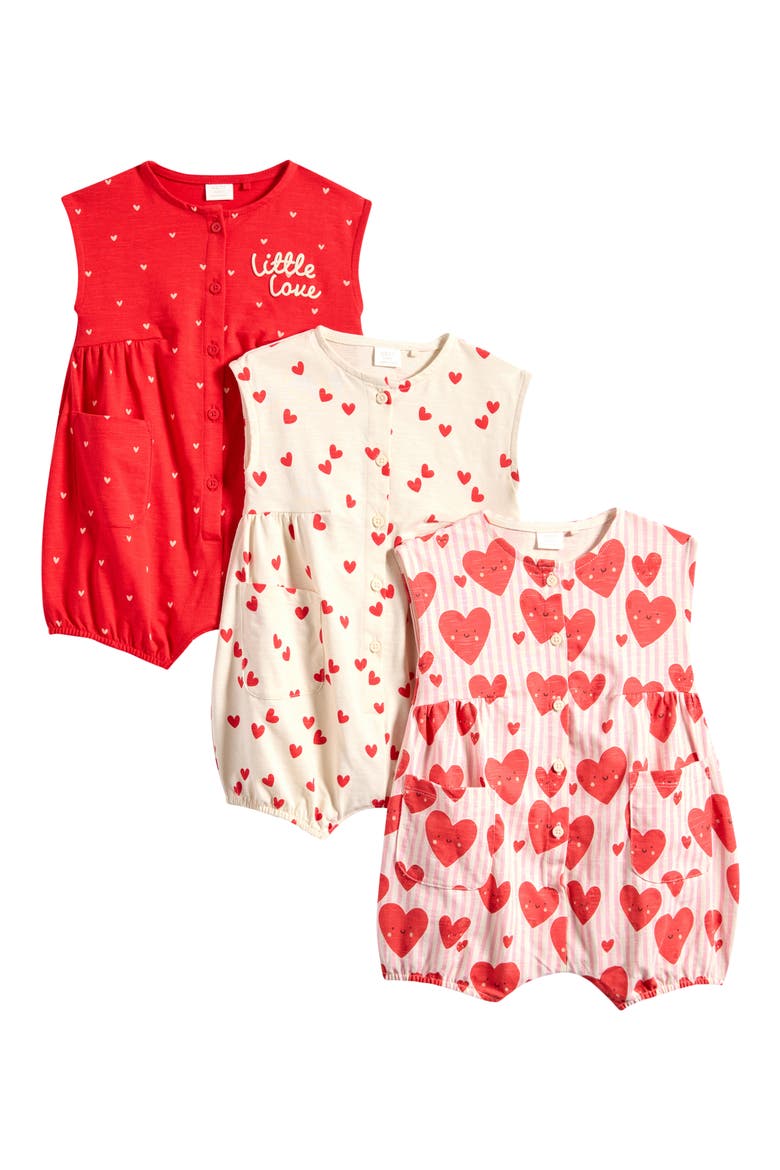 3-Pack Cotton Heart Rompers, Main, color, RED